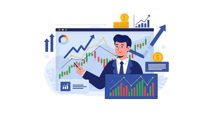 Dynamic illustration of a financial professional analyzing market trends and investment strategies, showcasing business growth, data analytics, and economic forecasting