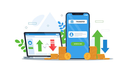 Financial Transactions Laptop and Smartphone Show Money Transfer with Coins and Arrows