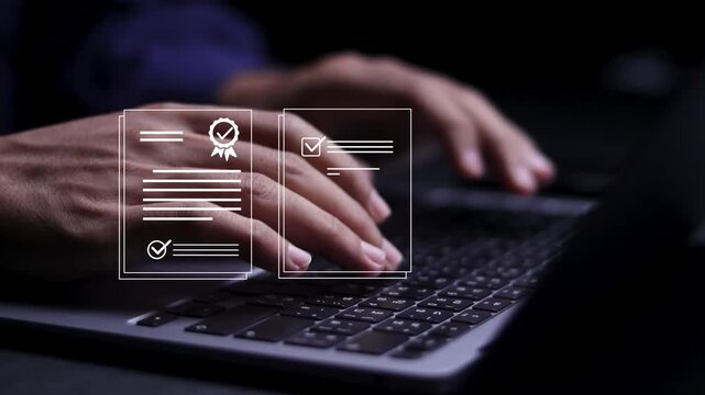 Digital certificate concept, Checklist documents, assessment for certificate and document approved. Quality management, Standardization, certification, regulatory compliance, service and standards