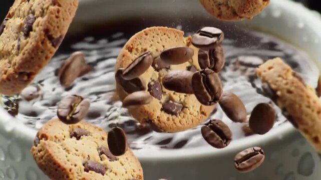 Cookies and coffee beans falling into a cup