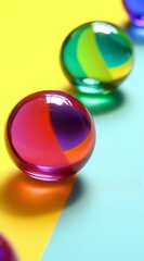 Colorful glass marbles on vibrant yellow and turquoise background with soft shadows, showcasing transparency and light refraction effects for artistic design projects.