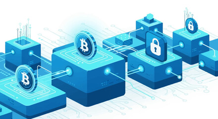 Secure digital investment platform with blockchain technology and cryptocurrency symbols, illustrating financial security and decentralized finance concepts in a modern abstract graphic