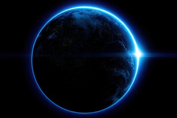 Neon Earth: Abstract Blue Planet with Plants Against a Black Background Highlighted by Sunshine