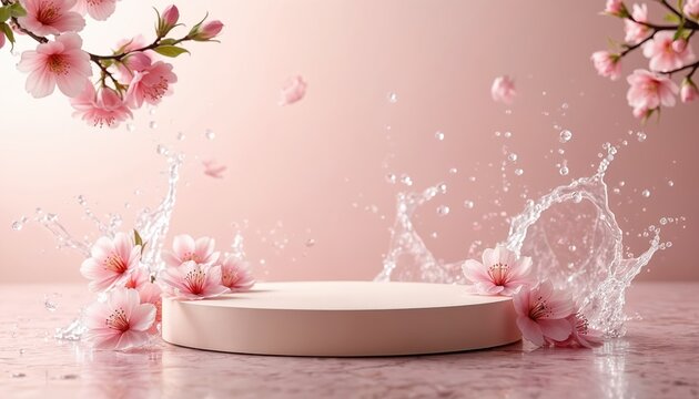 Pink cherry blossoms frame minimalist display podium on marble surface. Fresh water splashes dynamically around, creating droplets in soft pink background. Setup suggests purity, natural eco beauty,