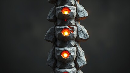 A sculptural representation of a human spine made of cracked stone with five points of intense pressure glowing warmly.