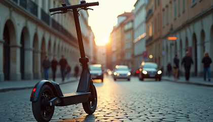 Electric scooter on cobblestone street in old city at sunset. E-scooter sharing service for urban mobility. Eco friendly vehicle for rent, personal electrical transport to avoid traffic. Modern tech