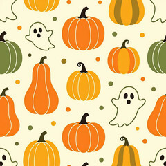Cute repetitive pattern of pumpkin, tall, squat, and wide shaped, and ghost outlines, burnt orange, mustard yellow, olive green, against a clear cream background.eps