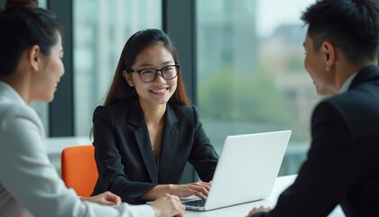 Obraz premium Asian business team sits at desk with laptop. Woman with glasses works on computer at office meeting. Colleagues discuss project. Coworkers talk about new strategy in modern office.