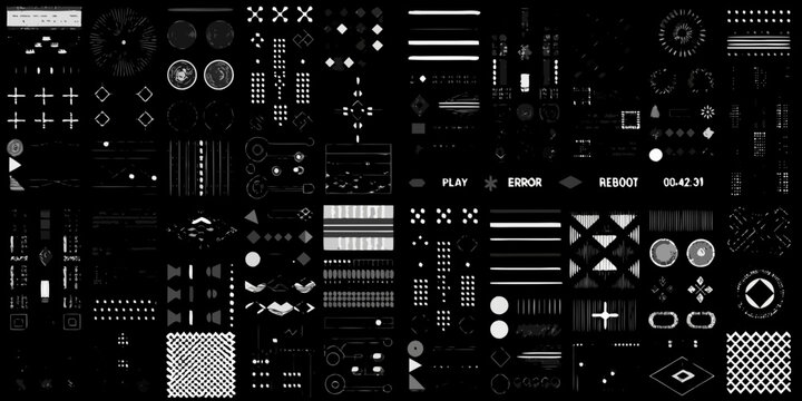 Collection of abstract digital interface elements and icons with a dark background