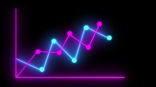 Neon line chart in dual colors with glowing data points on dark background visualizing analytics. Dual color neon line graph with data points on black background showing chart analytics trends.