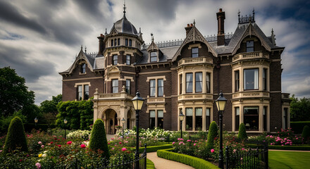Magnificent victorian gothic mansion with ornate architecture and lush gardens under dramatic sky