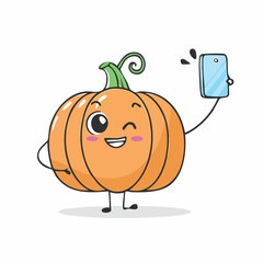 doodle icon vector Funny Halloween pumpkin, takes a selfie in the supermarket