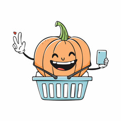 doodle icon vector Funny Halloween pumpkin, takes a selfie in the supermarket