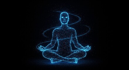 Find inner peace with this stunning digital art featuring a glowing blue figure in lotus position, perfect for wellness brands or mindful technology concepts