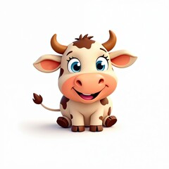Cute baby cow character sits smiling on white background. Adorable cartoon calf brown spots, big blue eyes. Friendly farm animal design perfect for children content, education, brand mascot. Sweet