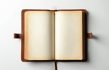 Brown leather journal open with blank aged pages ready for writing notes or drawing sketches. This empty book is perfect for journaling travel plans or creative ideas.