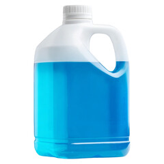 Clear plastic jug filled with bright blue liquid and a white cap