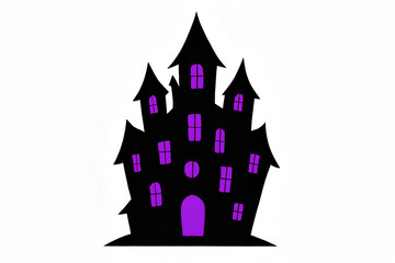 Haunted House Silhouette with Purple Windows – Stylized Halloween Illustration on White Background