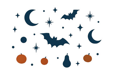 Halloween Bats and Pumpkins with Stars and Moons – Stylized Festive Illustration on White Background