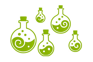 Whimsical Green Laboratory Flasks with Spiral Designs – Stylized Science Icons for Educational and Decorative Use