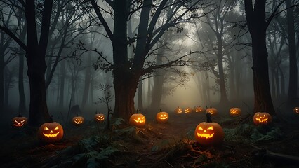 Mysterious Halloween Scene Featuring Magical Pumpkins in a Foggy Forest