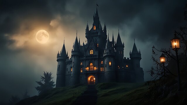 Enchanted Night Scene with a Glowing Gothic Castle Amidst Fog and Lanterns