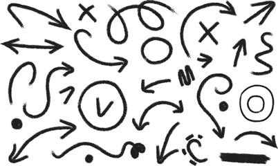 Hand- Drawn Black Arrows Circles Crosses and Scribbles on White hand-drawn