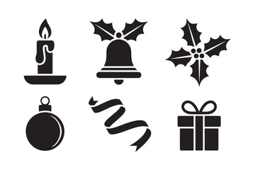 Black christmas icons set festive holiday symbols
