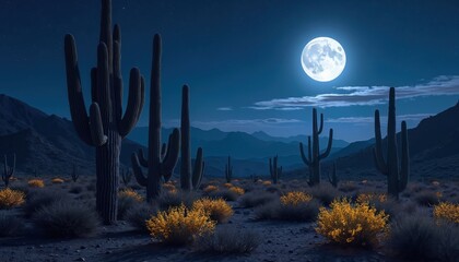 Desert landscape at night with saguaro cacti beneath moonlight. Full moon illuminates arid scenery. Stars shine above mountain range in dark twilight. Nature background remote, calm. Scenic lunar