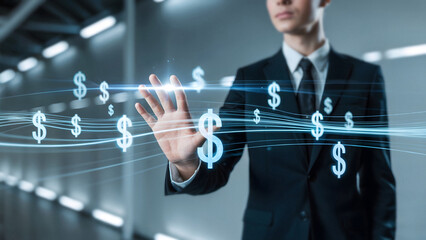 Dynamic businessman interacting with digital money flow for fintech innovation and digital transformation success