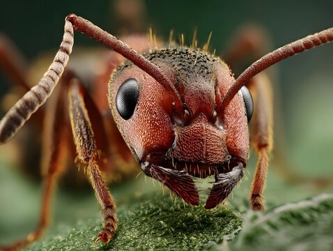 ro view of an ant s detailed head with antennae and mandibles set against a blurred natural background