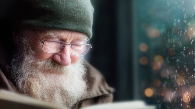 Elderly man reading a book by the window during rain in a cozy setting