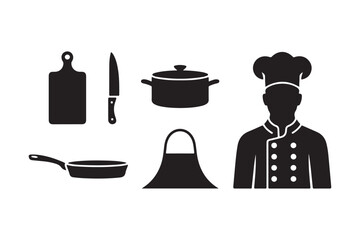 Chef and kitchen utensils silhouette icons