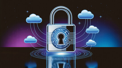 Cybersecurity shield protecting cloud data with digital lock and circuit design for modern network safety and privacy