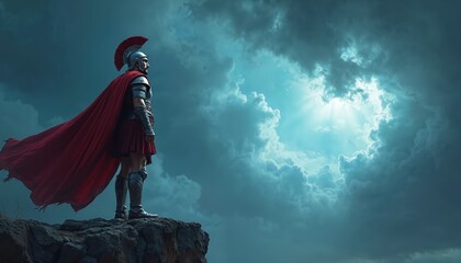 Fototapeta premium Roman soldier stands on cliff looking at horizon. Warrior wears helmet, armor, cape, boots. He looks at sky full of stormy clouds. Image about brave hero with motivation in past.