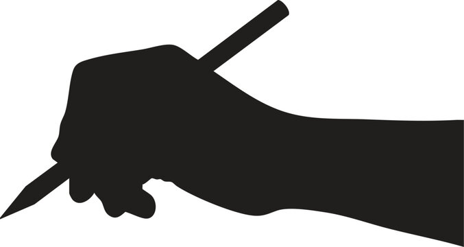 Flat hand holding pen silhouette, writing or drawing concept, creative design icon, vector illustration, isolated black shape, office, education, signature, sketch tool