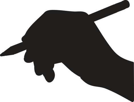 Flat hand holding pen silhouette, writing or drawing concept, creative design icon, vector illustration, isolated black shape, office, education, signature, sketch tool