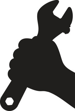 Hand holding wrench silhouette, mechanic repair tool icon, industrial maintenance work, DIY equipment, vector illustration, handyman concept, isolated black shape