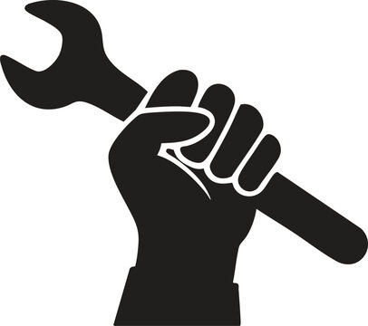 Hand holding wrench silhouette, mechanic repair tool icon, industrial maintenance work, DIY equipment, vector illustration, handyman concept, isolated black shape