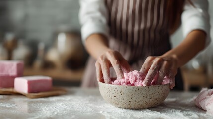 Hands mixing pink ingredients for handmade soap in a domestic kitchen setting dusted with white powder
