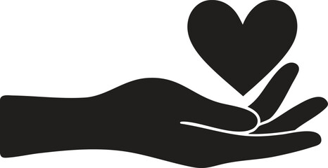 Hand holding heart silhouette, love and care concept, charity or giving vector illustration, isolated black shape, support, compassion, helping hand icon