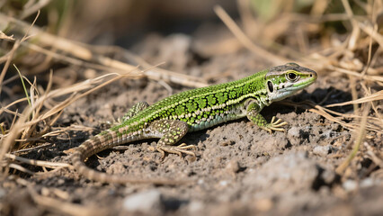 Naklejka premium A green lizard with black spots resting on dirt and dry grass in a natural outdoor environment