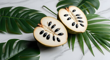 Ripe custard apple fruit halved revealing black seeds and lush green tropical leaves