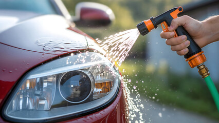 Man washing luxury red car with water hose at home gleaming shine sparkling clean car detailing fresh water