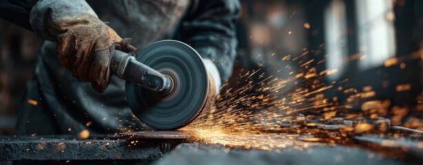 The angle grinder spraying bright sparks while a worker grinds steel in workshop