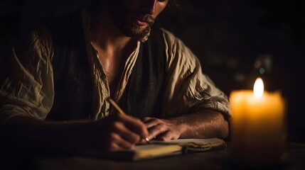A man intently writing in an old journal by the warm glow of a single candle in a dark atmospheric room