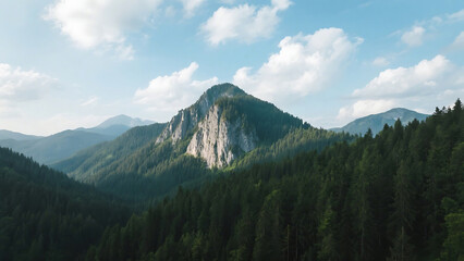 Obraz premium Aerial view of a rocky mountain peak surrounded by green forest under a cloudy blue sky during daytime