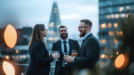 Business professionals enjoying after-work drinks on rooftop terrace with urban cityscape background, bokeh lights create atmospheric evening mood.