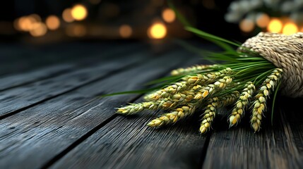 Fresh green wheat ears tied with twine on dark wooden background with golden bokeh lights, agricultural harvest concept for natural food packaging.