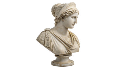 Elegant marble bust of a woman with classical hairstyle isolated on transparent background